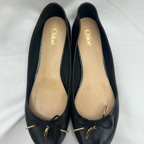 Chloe Black Leather Ballet Flats with Gold Accents 37.5 NEW - Picture 2 of 6